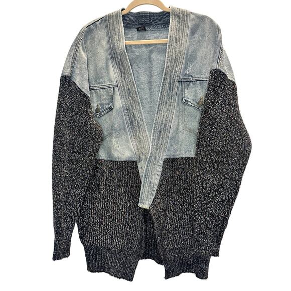 Saachi – Mixed Media Denim Knit Cardigan – Blue/Charcoal – One Size - Picture 1 of 5